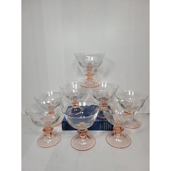 8 Vintage Dessert Champagne Coupe, Pink Stem, Clear Paneled Bowl, Italian Glass
